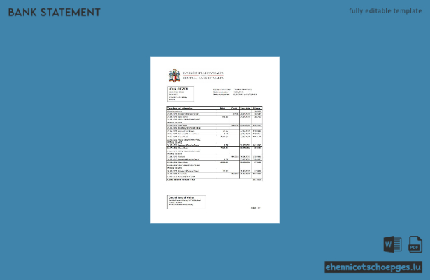 Beispiel-Excel-Vorschau eines Kontoauszugs der Zentralbank von Malta